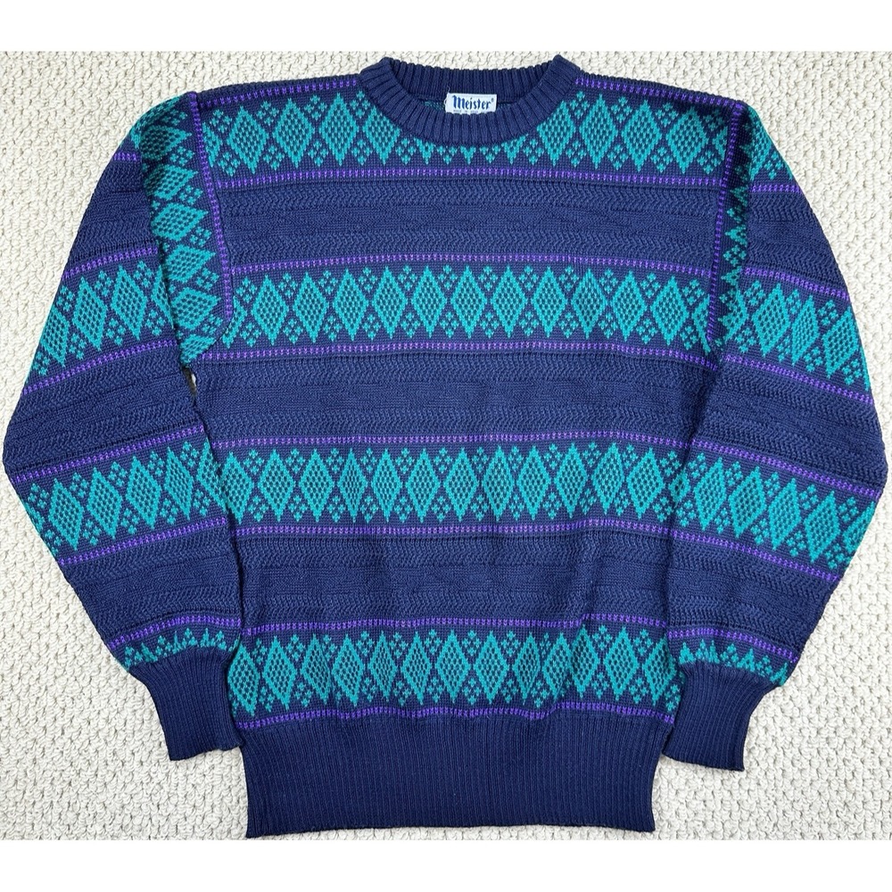 Vtg Meister Ski Sweater Mens M Blue Teal Wool Blend Fair Isle Diamond Pullover
